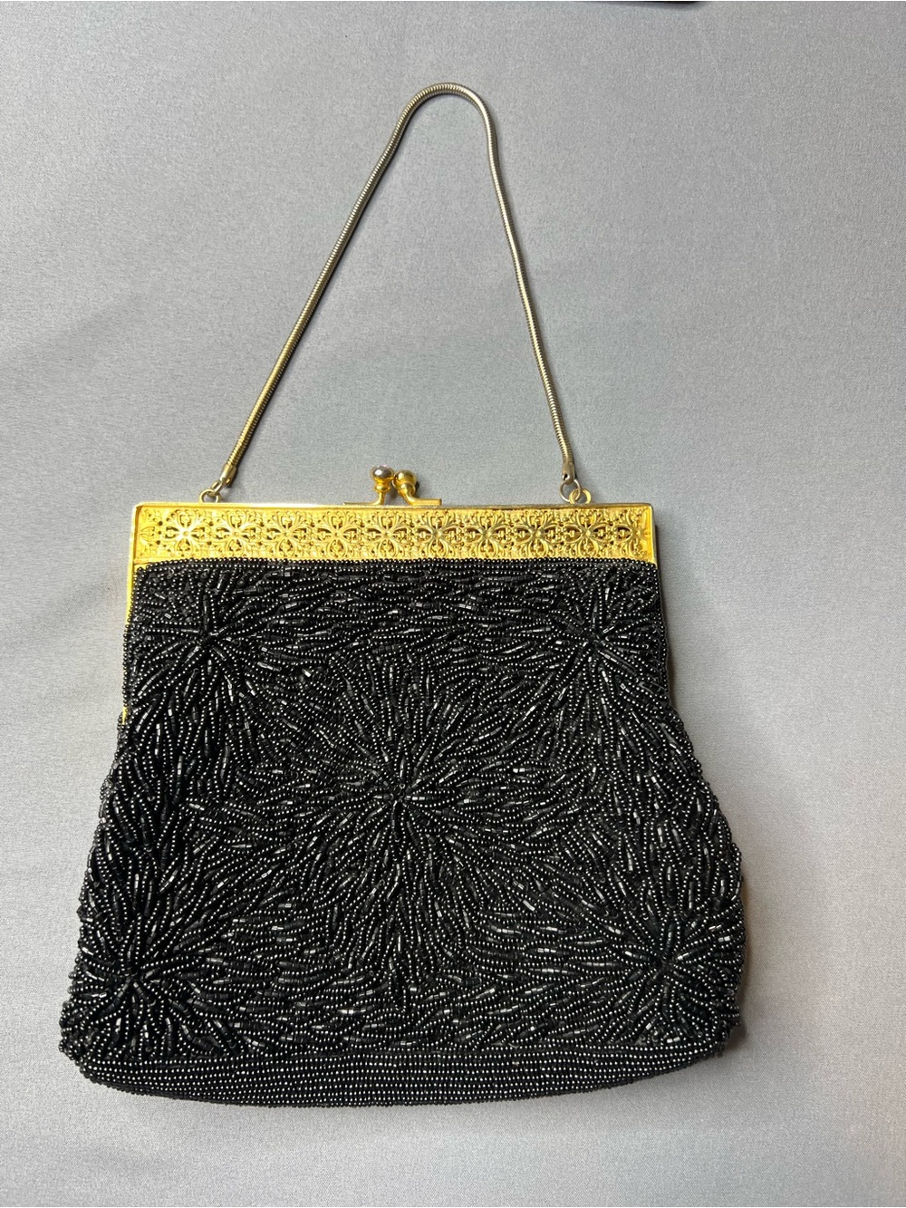 Vintage Black Beaded Evening Bag Gold Frame Wedding Clutch